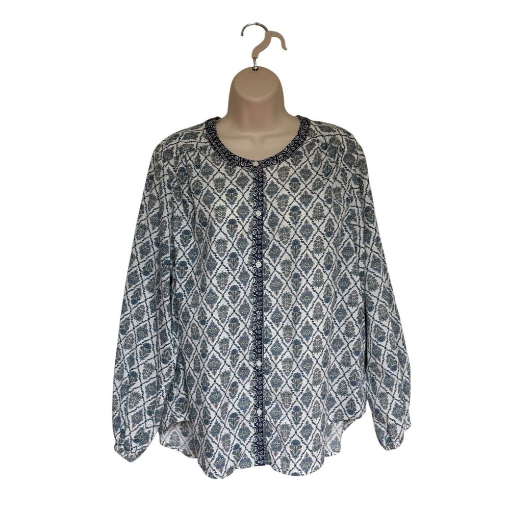 Lucky Brand 100% Cotton Boho Button Down Geometric Floral Blouse Top Sz L